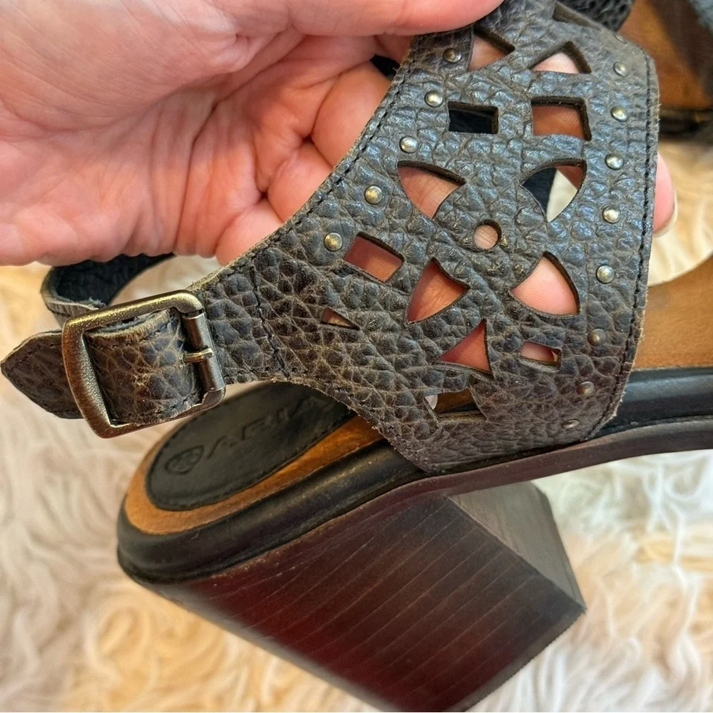 Ariat Poppy Riverstone Leather Cutout Block Heel Sandals black Brown US 7B Boho